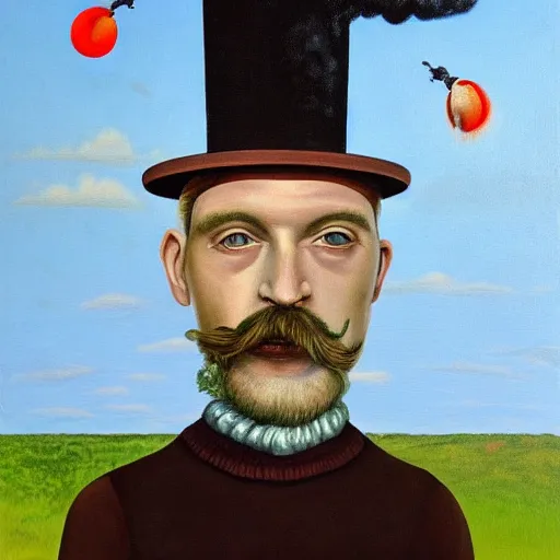 Prompt: a surreal painting of a man with a chimney on his head