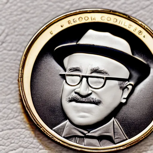 Image similar to A photograph of a high quality swiss chocolate coin that is engraved with a portrait of leon redbone wearing a cap from 1975, highly detailed, close-up product photo, depth of field, sharp focus, appetizing, foil nearby