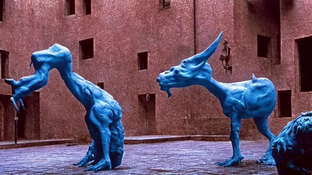 Image similar to the square creature in courtyard, made of blue liquid, surrounded by animals, film still from the movie directed by denis villeneuve and david cronenberg with art direction by salvador dali and zdzisław beksinski, wide lens