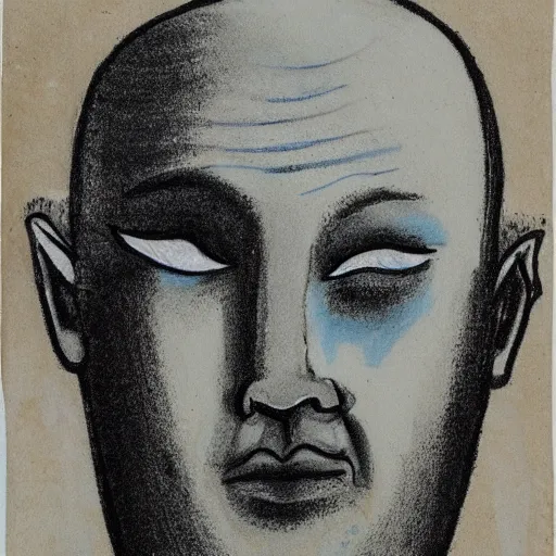 Prompt: portrait of bald short - bearded man with round face, small eyebrows and kind blue eyes, minimalictic black and white art brut, ink, pencil