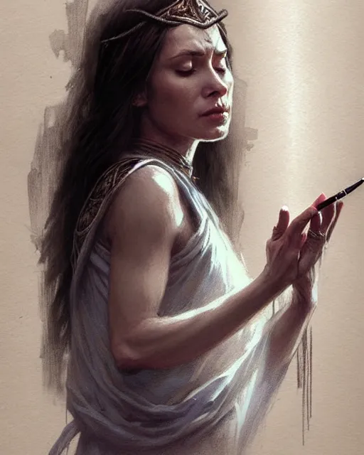 Image similar to a female priestess casting a healing spell | | pencil sketch, realistic shaded, fine details, realistic shaded lighting poster by greg rutkowski, magali villeneuve, artgerm, jeremy lipkin and michael garmash and rob rey