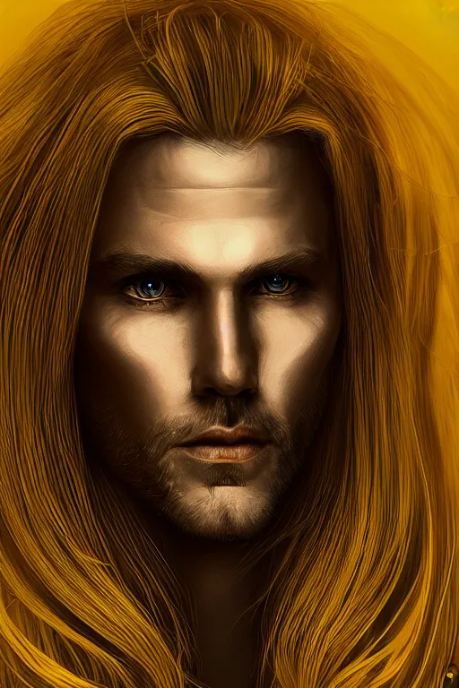 Prompt: Portrait of male mage with long white hair, yellow face, photorealistic, highly detailed, artstation, smooth, sharp focus, gold ornaments, neon lighting, sci-fi, art by Klimt