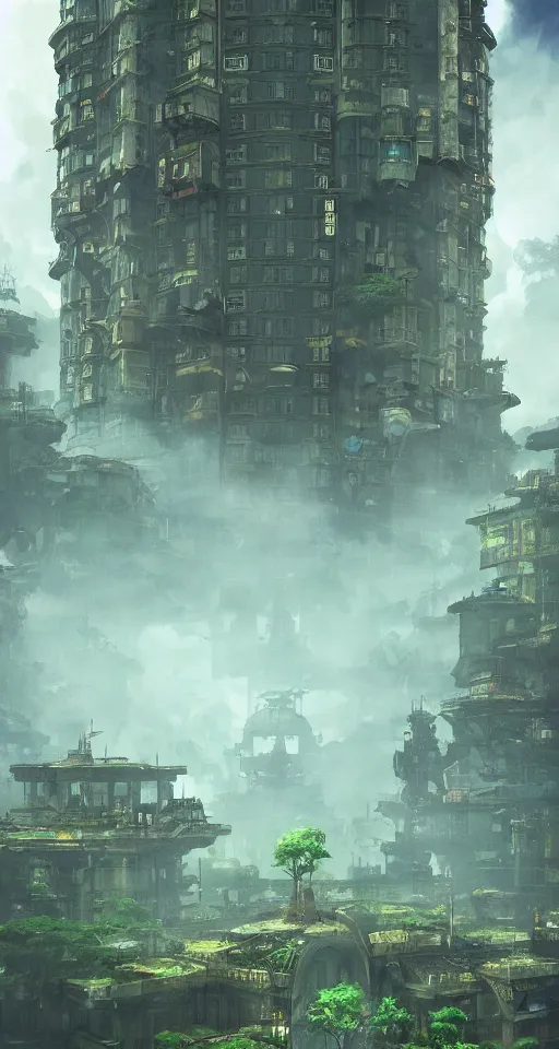 Prompt: A Huge Steampunk Old Apartment Building, by Miyazaki, by Vincent Di Fate Nausicaa, Ghibli, Breath of The Wild, epic composition, green plants, octane render, trending on artstation