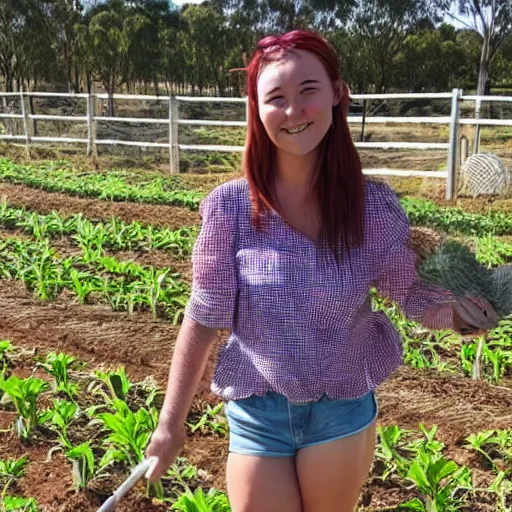 Prompt: an australian anime girl farmer, on a farm