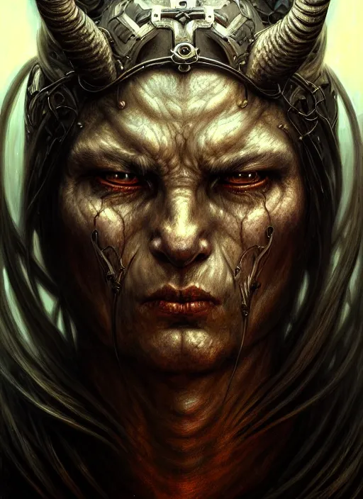 Image similar to closeup portrait shot of a demon warrior in a scenic dystopian environment, intricate, elegant, highly detailed, centered, digital painting, artstation, concept art, smooth, sharp focus, illustration, artgerm, tomasz alen kopera, peter mohrbacher, donato giancola, joseph christian leyendecker, wlop, boris vallejo