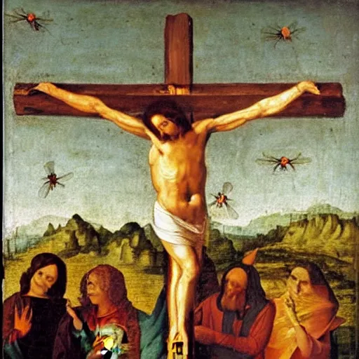 Image similar to Crucified Wasp on the Golgota, renaissance oil painting,