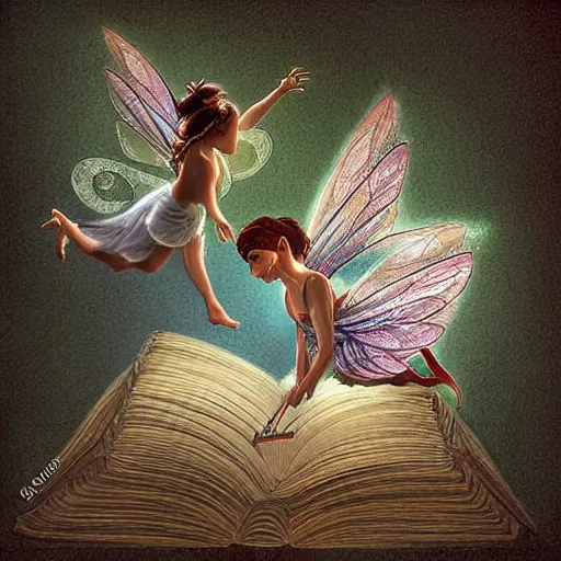 Image similar to a fairy hovers above an open book, highly detailed, digital painting, sharp focus, fantasy art