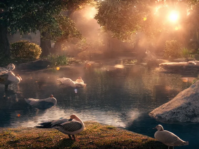 Image similar to geese dreaming of a place where love conquers all, 8 k, ultra realistic, lens flare, atmosphere, glow, detailed, intricate, full of colour, cinematic lighting, trending on artstation, 4 k, hyperrealistic, focused, extreme details, unreal engine 5, cinematic, masterpiece