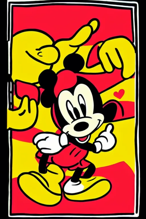 Prompt: Poster illustration of Mickey Mouse, full shot, Keith Haring style