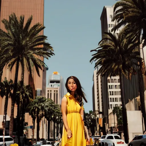 Image similar to portrait photo of a beautiful brown hair woman in a yellow sun dress in downtown Los Angeles, Kodak Portra 400 film