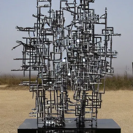 Prompt: chrome wasteland sculpture by piet mondrian