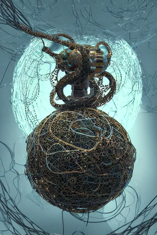 Image similar to an immaculate render of a metallic sphere made of old modular robot parts spawning cables and bird wings floating in a temple surrounded by wild tentacles made from mandalas and incense smoke, powerful, cinematic, beautifully lit, by craig mullins, by galan pang, 3 d, trending on artstation, octane render, 8 k