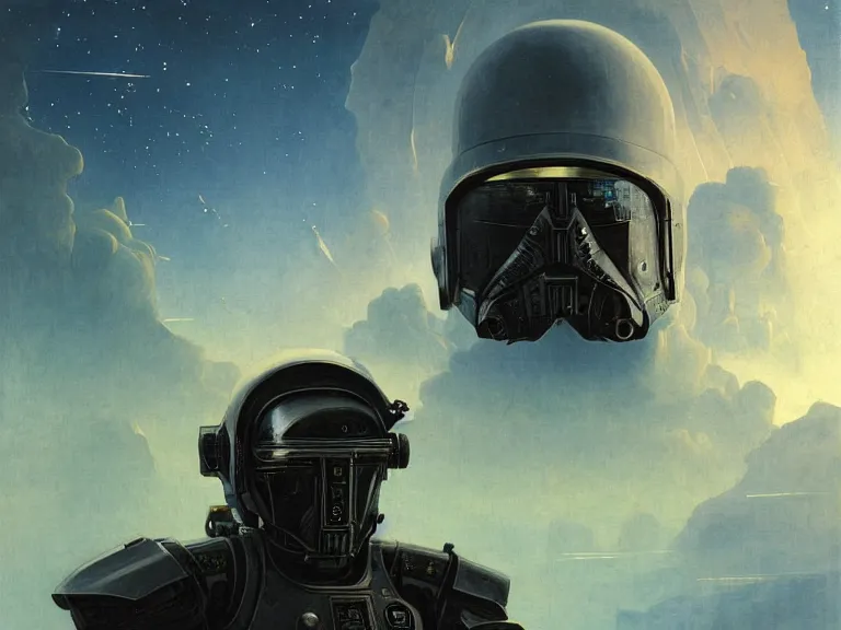 Image similar to a detailed profile painting of a bounty hunter in armour and visor, cinematic sci-fi poster. Spaceship high in the background. Flight suit, anatomy portrait symmetrical and science fiction theme with lightning, aurora lighting clouds and stars. Clean and minimal design by beksinski carl spitzweg and tuomas korpi. baroque elements. baroque element. intricate artwork by caravaggio. Oil painting. Trending on artstation. 8k