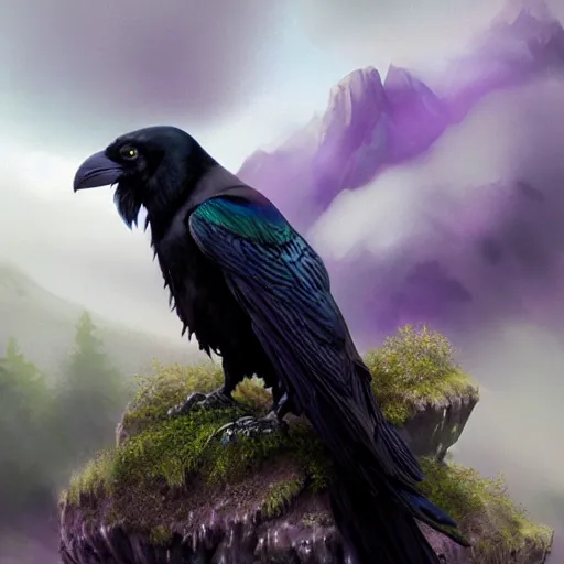 Image similar to portrait of a beautiful raven perched on purple crystals that are glowing in a misty valley, establishing shot, extremly high detail, foto realistic, cinematic lighting, by Yoshitaka Amano, Ruan Jia, Kentaro Miura, Artgerm, post processed, concept art, artstation, raphael lacoste, alex ross