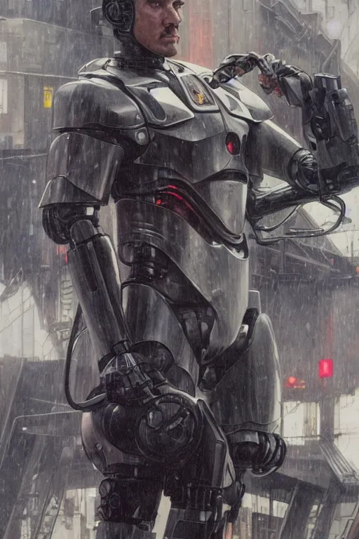 Image similar to Robocop portrait, rainy Detroit by Stanley Artgerm Lau, greg rutkowski, thomas kindkade, alphonse mucha, loish, norman Rockwell