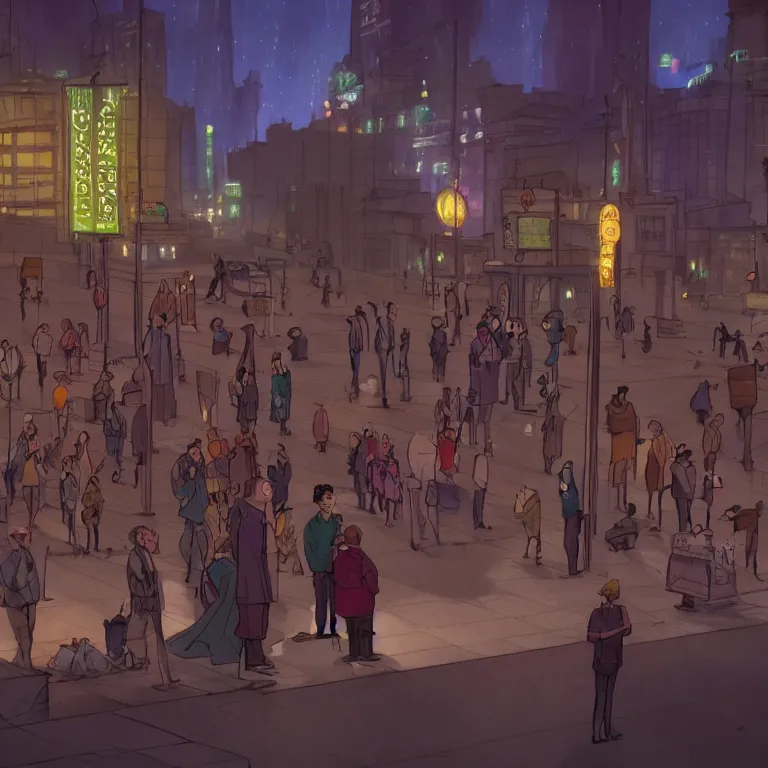 Image similar to few people waiting in a bus stop in dark city night, screenshot from Zootopia