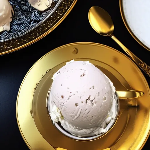 Image similar to ultra realistic photo of a cup of ice cream in golden cup with rich details and luxury plates