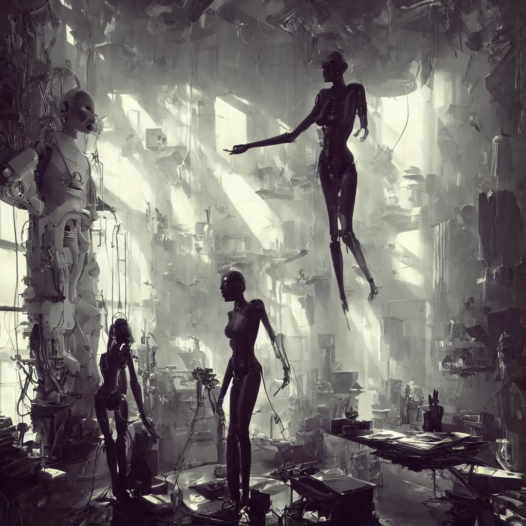 Image similar to extremely detailed cinematic movie still medium shot of supermodel girl artist working in her studio with human like robot hyperreal skin face by denis villeneuve, wayne barlowe, simon birch, marc simonetti, philippe druillet, beeple, alex grey bright volumetric sunlight, rich moody colors, bokeh