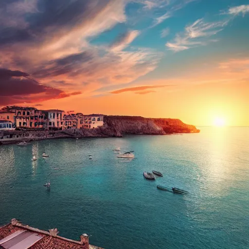 Prompt: sunset in a coastal town in italy, photorealistic, dynamic light, ultra detailed, cinematic