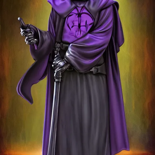 Image similar to grim reaper, purple cloak, full body