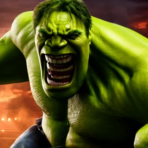 Image similar to film still of Nic Cage as Hulk in Avengers Endgame