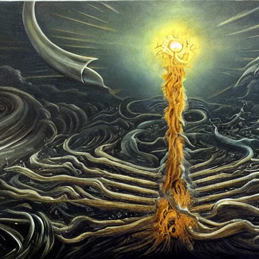 Image similar to a painting of a supreme calamity, apocalypse, end of the world, painting by h. r. giger, super high detail, cosmic perspective, unimaginable scale, grand