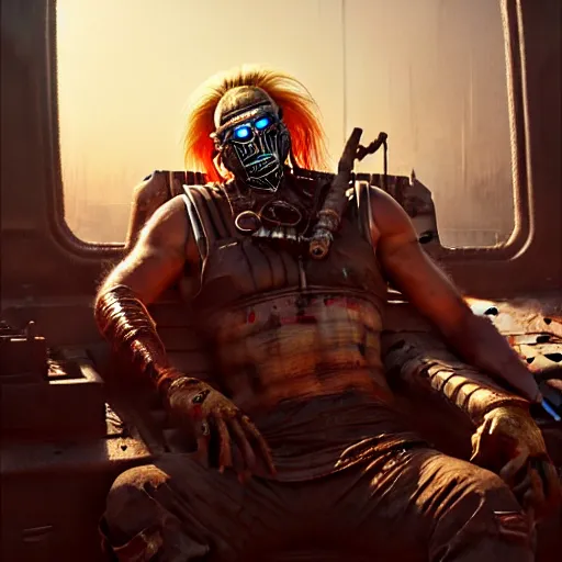 Image similar to Portrait of Immortan Joe by Greg Rutkowski. He is making an announcement from his war rig in the desert by Mark Arian. It is bright and desolate and rusty by H.R. Giger. soft render, octane, highly detailed painting by Moebius. artstation Blank Canvas Scene by Tetsuya Nomura.