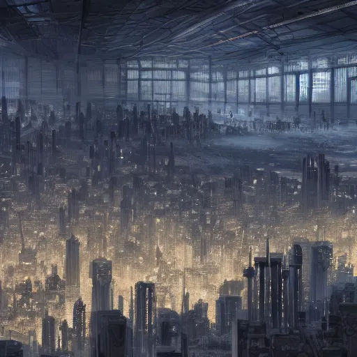 Image similar to large group people in a huge warehouse, looking at a tabletop city | cinematic concept art | godrays | 4 k | clear details | tabletop | tabletop city foreground