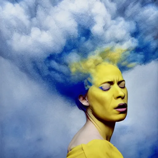 Image similar to crying woman, covered in yellow and blue clouds, by kim keever