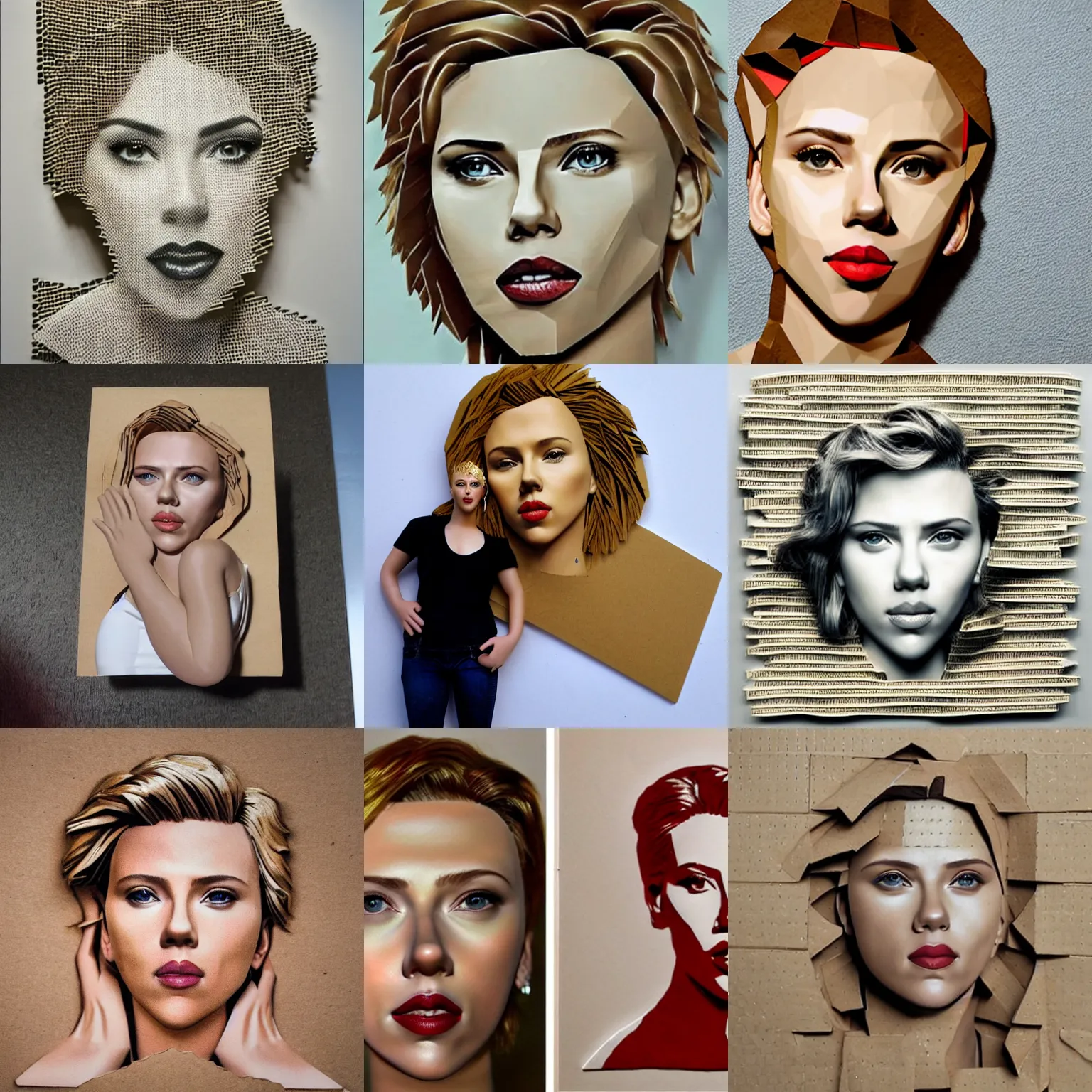 Prompt: scarlett johansson made out of cardboards, photorealistic, photo, product