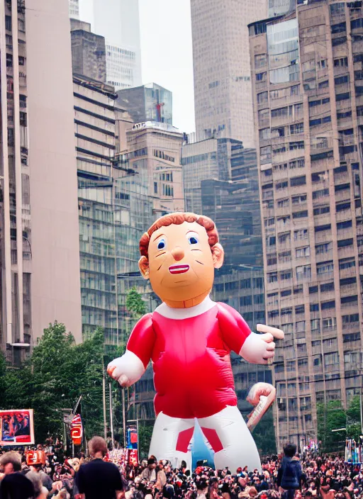 Prompt: inflatable balloon of mark zuckerberg, macy ’ s parade, canon 5 d, 5 0 mm lens, fuji 8 0 0 film