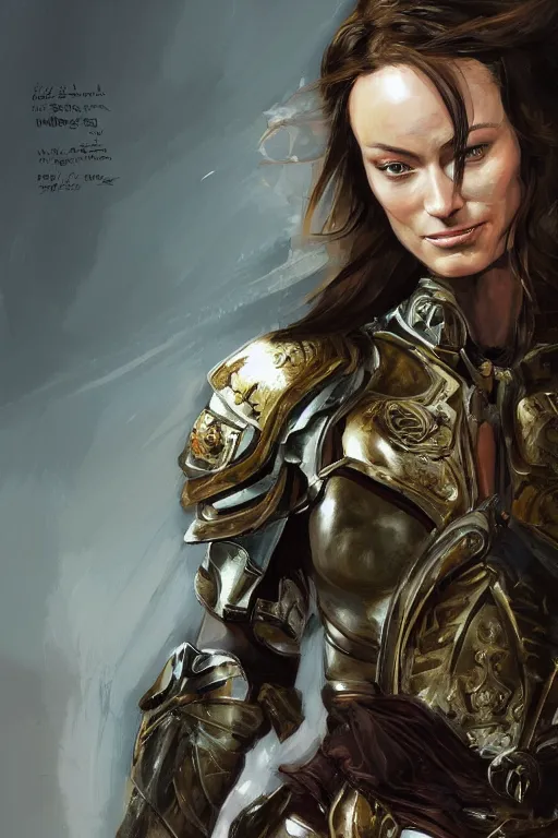 Prompt: a professionally painted portrait of Olivia Wilde, clothed in ancient battle armor, olive skin, long dark hair, beautiful bone structure, symmetrical facial features, stunningly beautiful, intricate, elegant, digital painting, trending on Artstation, concept art, smooth, sharp focus, illustration, from Metal Gear by Ruan Jia and Mandy Jurgens and Artgerm and William-Adolphe Bouguerea, award winning