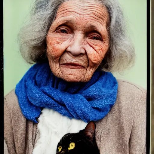 Image similar to a portrait of an old woman, her face wrinkled and her eyes wise. she is wearing a bright scarf around her neck, and there is a cat perched on her lap. the background is a deep, rich blue. cinestill 8 0 0 t