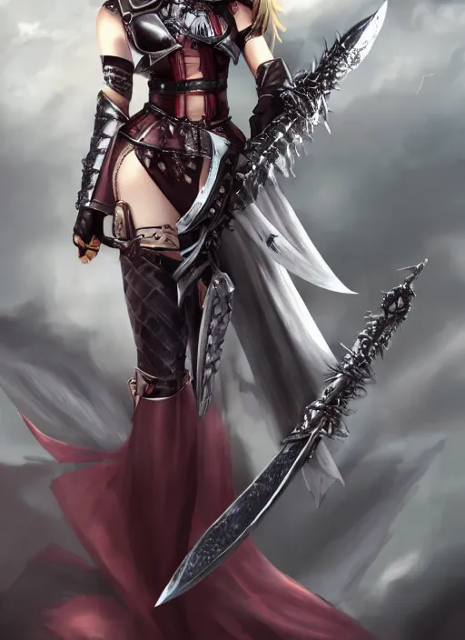 Prompt: full - body portrait, female vampire knight holding a large greatsword, lean and muscular, flying, roman gladiator sandals, heavy plate armor, historical armor, metal mask, enchanting, elegant, seductive smile, ghostblade, wlop, modern fantasy, realistic proportions.