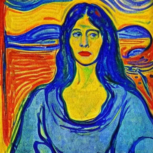 Image similar to queen of the dreamlands, beautiful! coherent! by edvard munch, deep colors, strong lines, high contrast