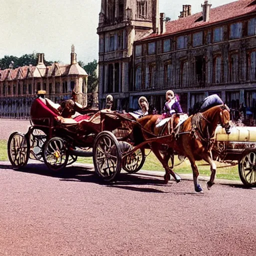 Image similar to lady catherine de bourgh from pride and prejudice drives her barouche box pulled by two horses on the formula 1 circuit of le mans. she is surrounded by ferrari cars one of them driven by steve mcqueen. cinematic, technicolor, highly intricate