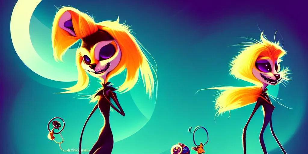 Image similar to curved perspective, extreme narrow, extreme fisheye, digital art of a female marten animal cartoon character wearing jewlery with blonde hairstyle by anton fadeev from nightmare before christmas