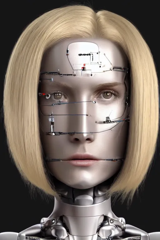 Image similar to robot with human face, female head, full body angle, woman human face, human face realistic, beautiful blonde hair, human head, human head with blonde hair, blonde hair human head, blonde hair, human realistic face, human head skin, cyborg frame concept, cyborg by ales-kotnik, sci-fi android female, the body is made of wires, robotic body, cyborg body, cyborg bust body, robot body cyborg, full body