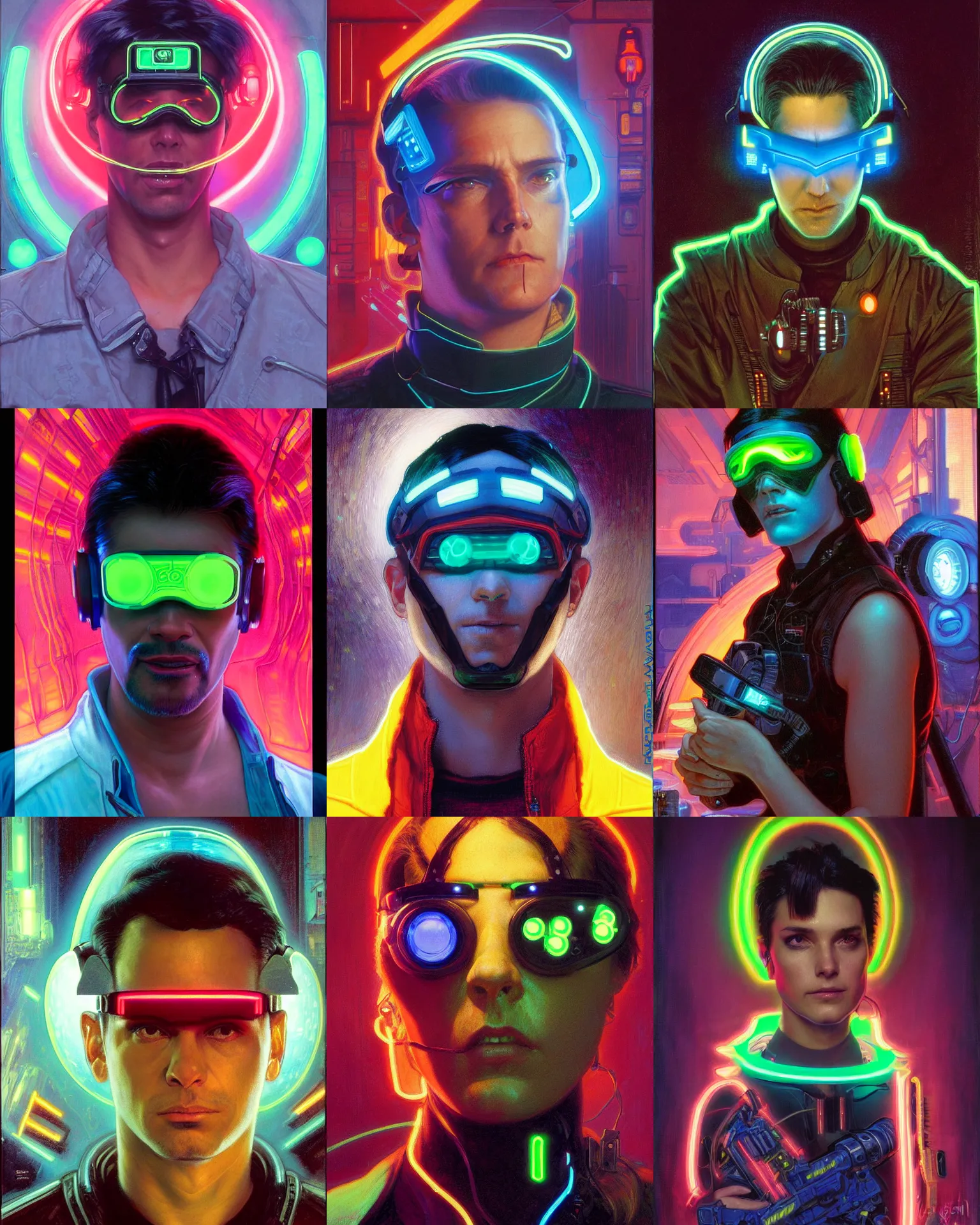Prompt: neon cyberpunk hacker with glowing geordi visor and headset headshot portrait painting by donato giancola, kilian eng, john berkley, hayao miyazaki, alphonse mucha, mead schaeffer fashion photography