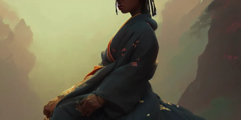 Prompt: sevhat, extremely detailed digital painting of a black woman wearing a kimono, in the style of fenghua zhong and ruan jia and jeremy lipking and peter mohrbacher, mystical colors, rim light, beautiful lighting, 8 k, stunning scene, raytracing, octane, trending on artstation