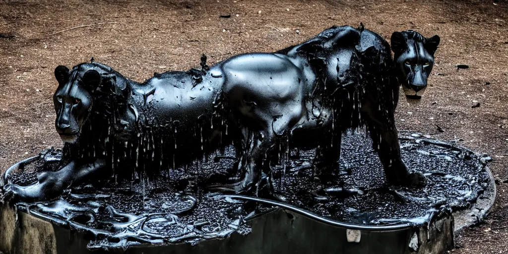 Image similar to the black lioness made of ferrofluid, bating in the drinking basin in the zoo exhibit, viscous, sticky, full of black goo, covered with black goo, splattered black goo, dripping black goo, dripping goo, splattered goo, sticky black goo. photography, dslr, reflections, black goo, zoo, exhibit