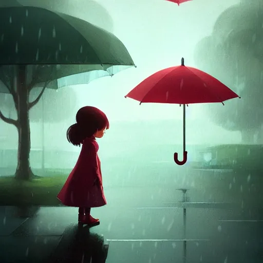 Image similar to a little girl holding an umbrella in the rain, a storybook illustration by atey ghailan, trending on cgsociety, cynical realism, storybook illustration, 2 d game art, rendered in unreal engine