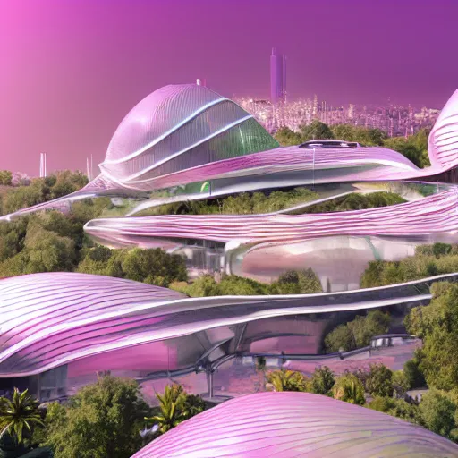 Prompt: metallic building eco - friendly city designed by zaha hadid with gleaming pink walls and dripping with vines, glowing led trim and hexagonal windows and bands of gold, extremely lush landscape and florals, foggy atmospheric building rendered in blender with ray tracing