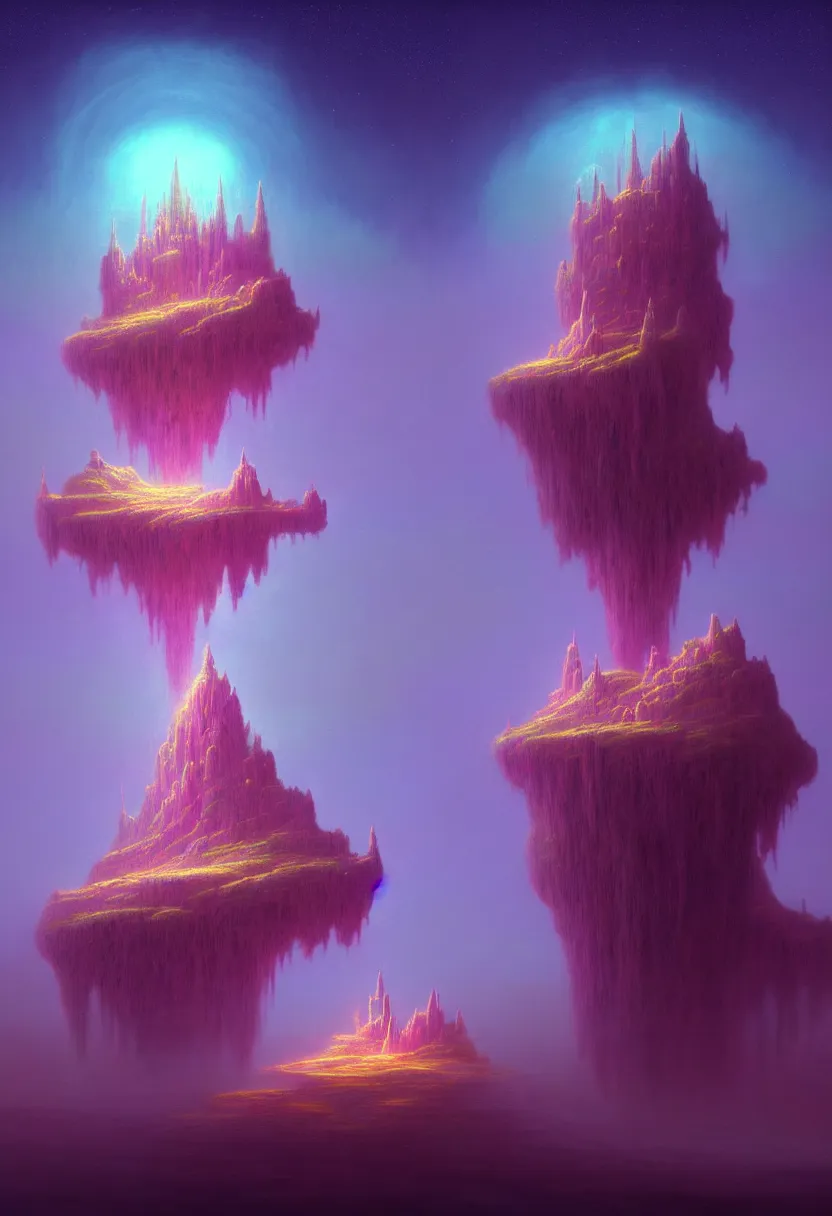 Image similar to an ultra detailed midjourney concept digital art painting of a singular floating island with a castle, flying citadel levitating across space in a misty pearlescent nebula by paul lehr kazumasa uchio situated in a starry aurora expanse of bioluminescent cosmic worlds by beksinski and beeple, ecological art, flying citadel with towers, trending on artstation