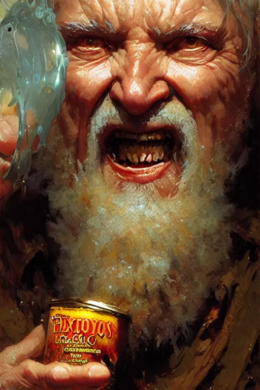 Image similar to an evil old wizard eating baked beans, extreme close up insane face portrait dnd, painting by gaston bussiere, craig mullins, greg rutkowski, yoji shinkawa