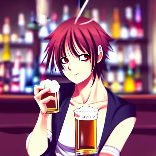 Prompt: Masculine looking anime girl at a bar drinking a beer, warm glow from the lights, angle that looks up at her from below, deviantart, pixiv, detailed face, smug appearance, beautiful anime, obviously drunk with reddish cheeks, detailed anime eyes with pupils, in the style of One Piece