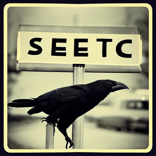 Image similar to “ a crow with the head of Peter Sellers sitting on a stop sign”