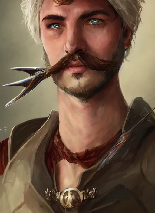 Image similar to tristan fulcher livedoce young man with short white fringe white hair and moustache, dndbeyond, bright, colourful, realistic, dnd character portrait, full body, pathfinder, pinterest, art by ralph horsley, dnd, rpg, lotr game design fanart by concept art, behance hd, artstation, deviantart, hdr render in unreal engine 5