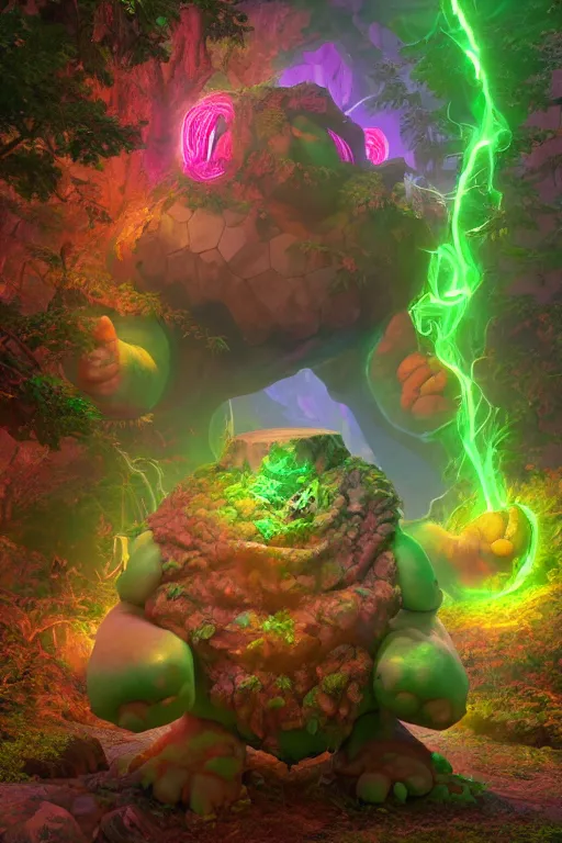 Image similar to arcane fantasy art giant golem elemental wood rock bastion forged gemstone enchanted forest troll, global illumination ray tracing hdr fanart arstation by sung choi and eric pfeiffer and gabriel garza and casper konefal lisa frank zbrush central hardmesh radiating a glowing aura