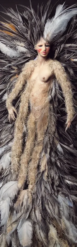 Prompt: a humanoid creature covered in feathers, photorealistic, full-body portrait